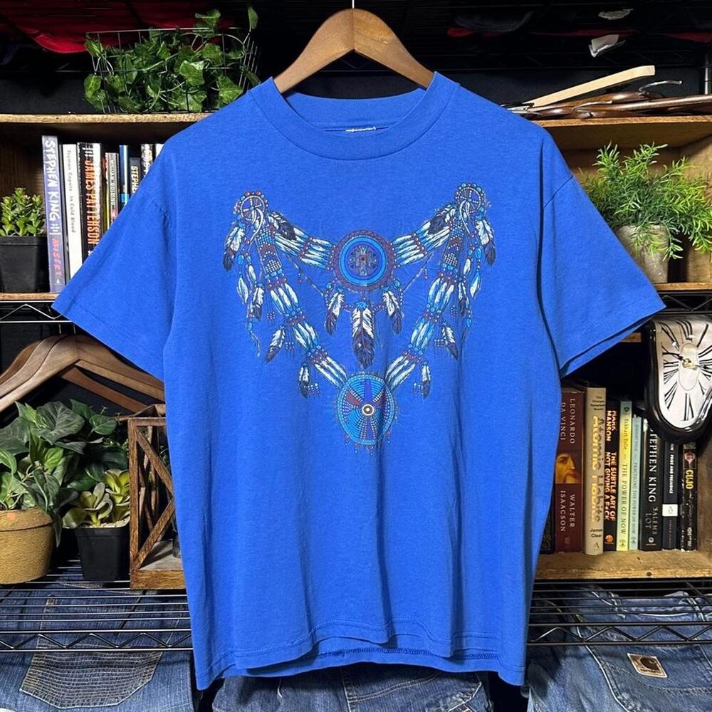 Vintage 90s Single Stitch Native American Graphic Tee Small Blue Boxy Art Shirt